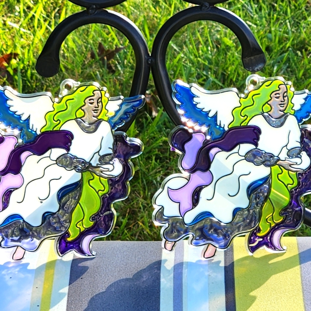 Angel Suncatchers, Set of 2, Hand Painted Plastic, Blonde Haired Angel